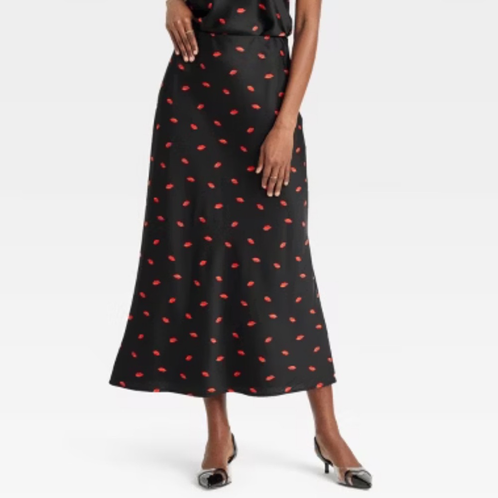 NWT A New Day Black Satin Red Lips Skirt